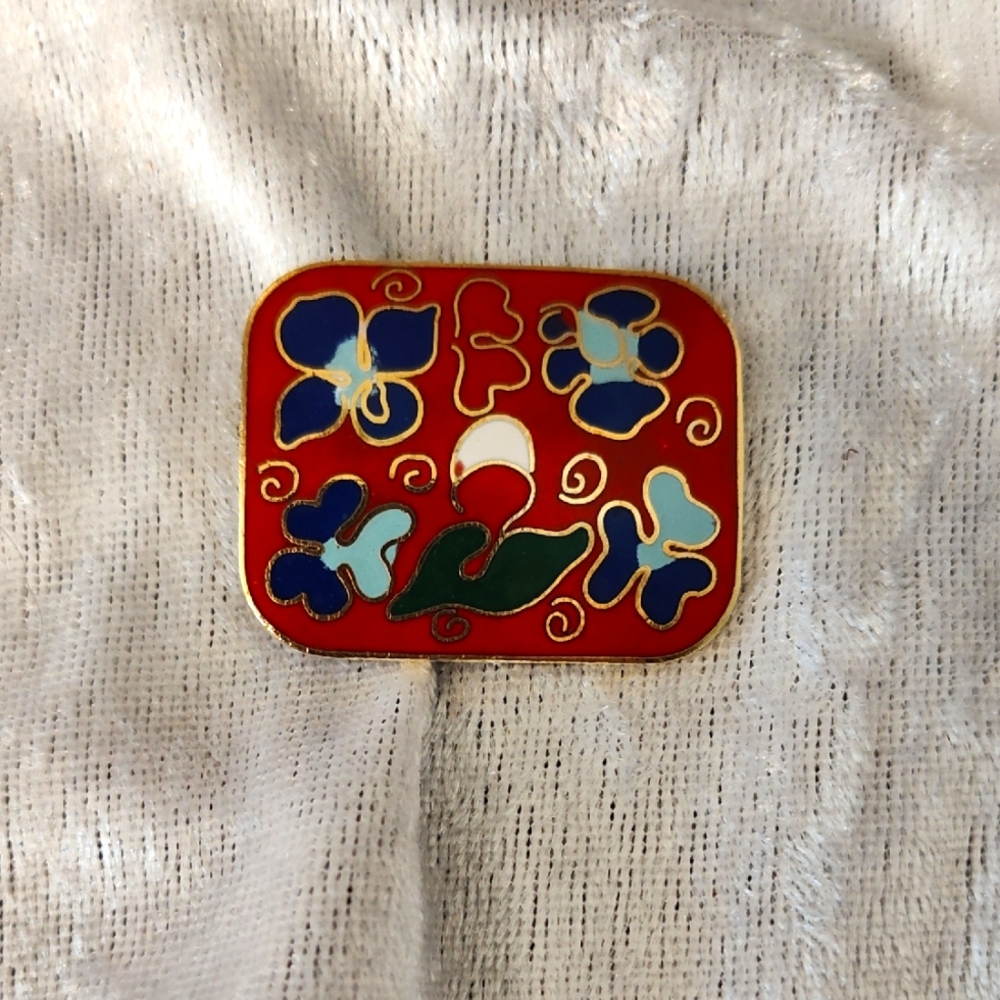 Vintage Cloisonne Floral Enamel Pendant - Red and Blue - Great Condition